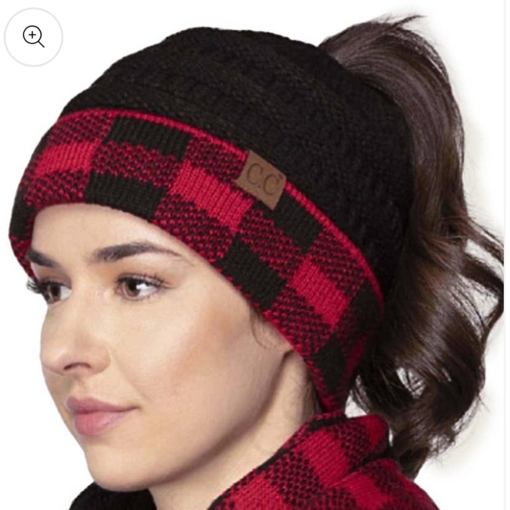 C.C. Womens Beanie Tail Red Black Buffalo Check Cuff Hat Bun Ponytail Winter NEW